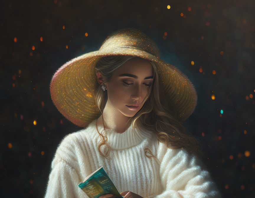 Contemplative woman in glowing hat with book against dark backdrop