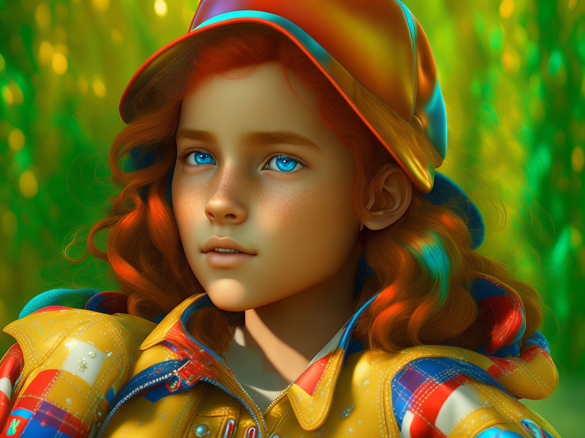 Digital artwork: Young girl with red hair and blue eyes in colorful attire on blurred green backdrop