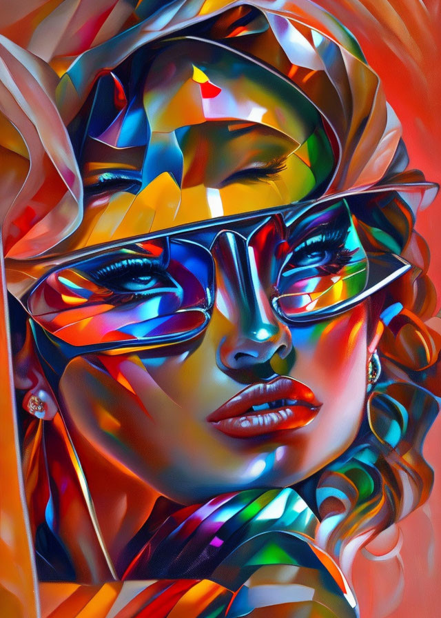 Stylized woman portrait with reflective sunglasses and colorful light effects