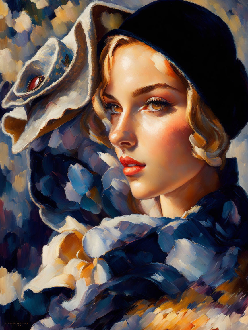 Woman in Stylish Beret and Scarf: Warm-Toned Impressionist Portrait