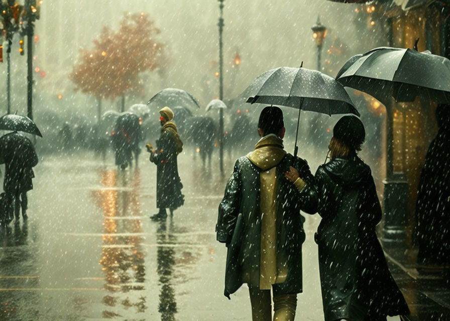 City street scene: People with umbrellas in heavy rain, warm street lights, moody atmosphere