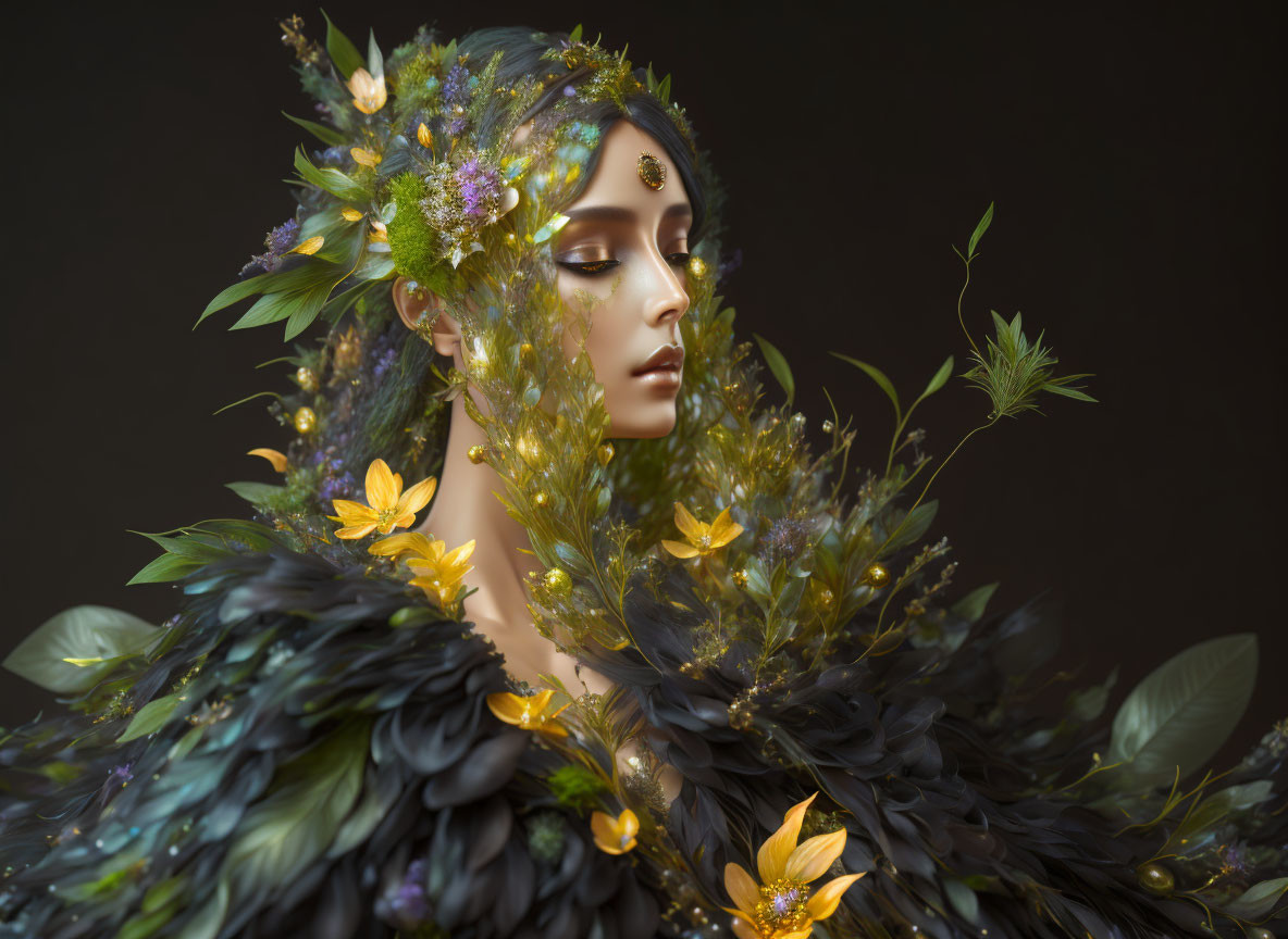 Person adorned with greenery and flowers on dark background