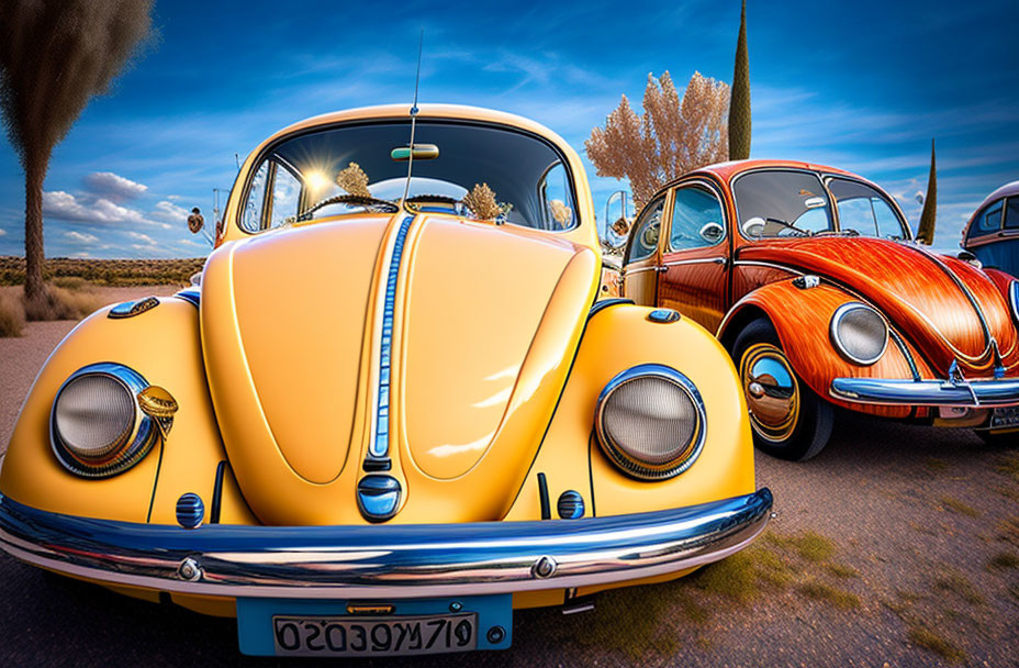 Vintage Volkswagen Beetles: Yellow and Orange on Road with Autumn Trees