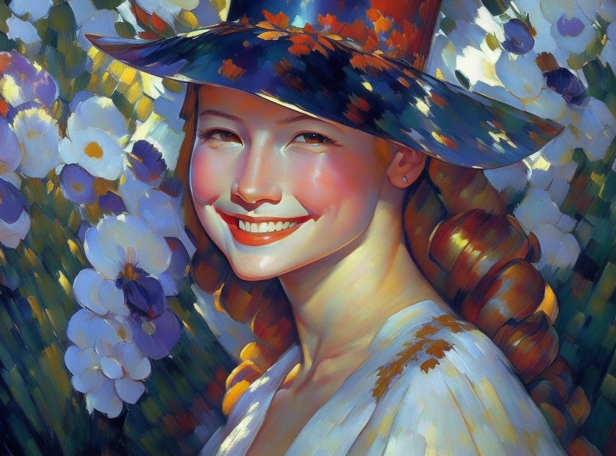 Smiling woman with braided hair and floral hat in digital painting