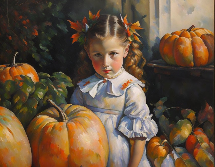 Girl with Autumn Leaves in Hair Among Pumpkins - Pensive Expression