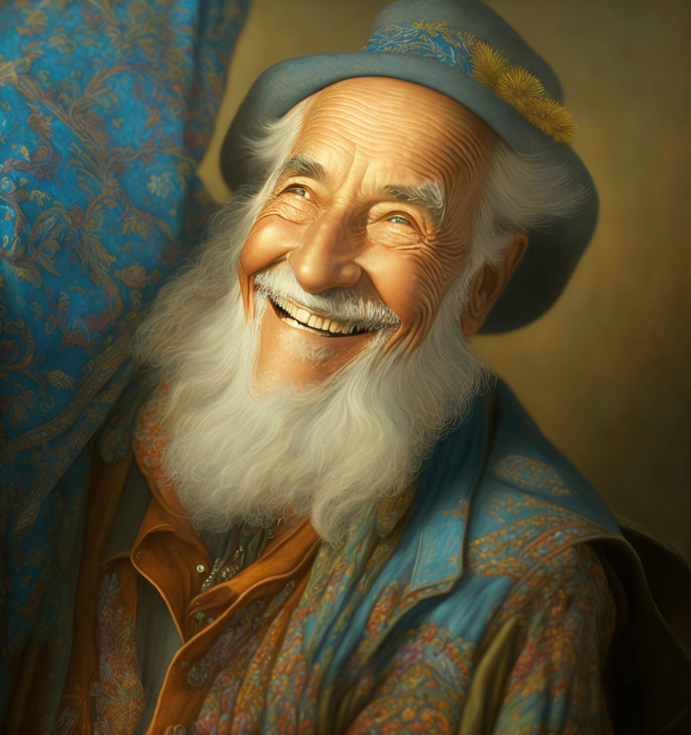 Elderly man with white beard smiling in blue hat and brown shirt on golden background