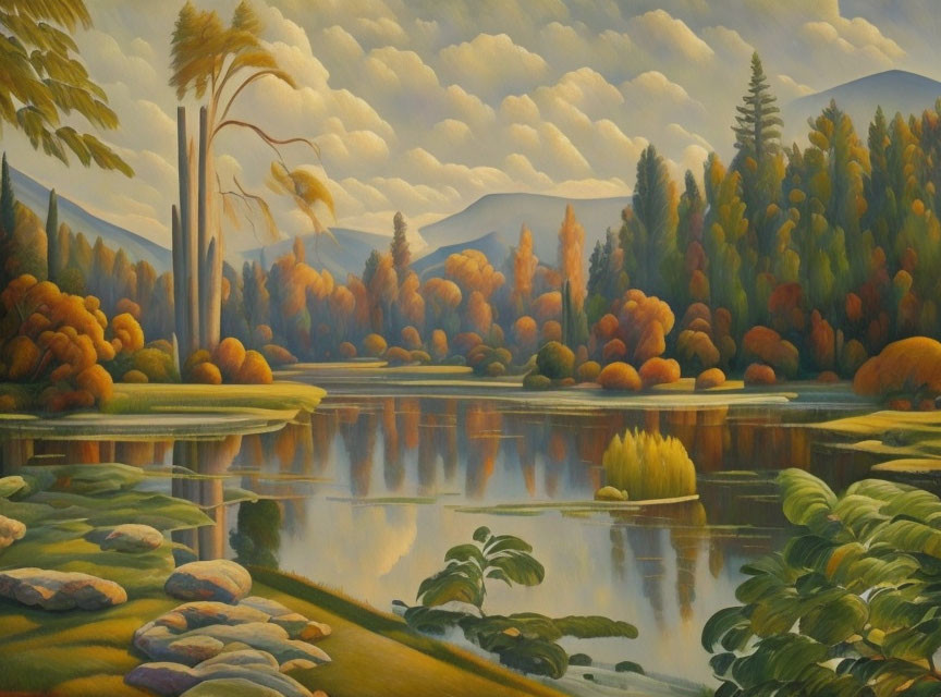 Tranquil autumn landscape with reflective lake and mountains