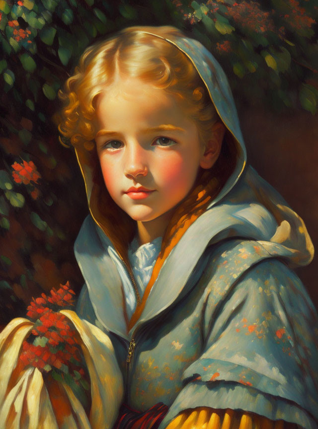 Portrait of young girl with curly hair in blue cloak holding red flower basket