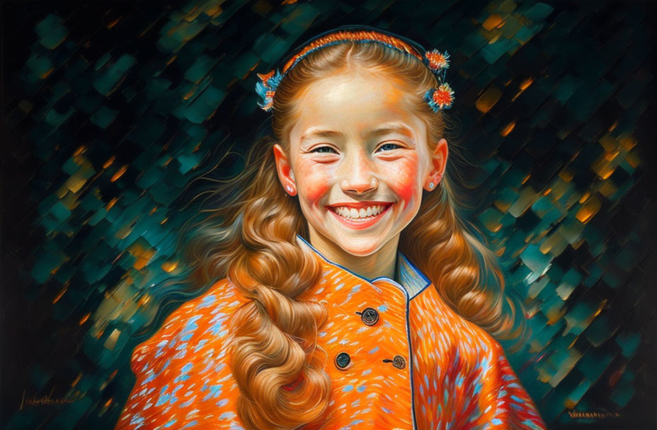 Hyperrealistic Painting: Smiling Girl with Red Hair, Blue Eyes, Orange Coat