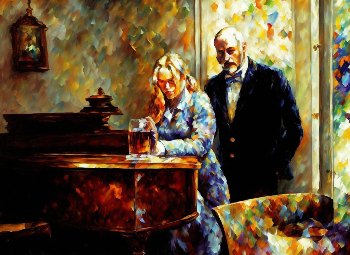 Impressionist-style painting of two individuals by a piano