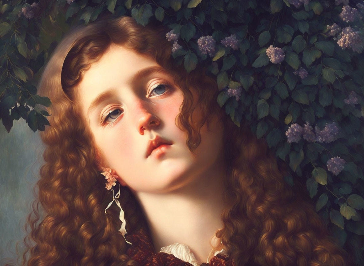 Young Girl with Curly Hair Surrounded by Green Leaves and Purple Flowers