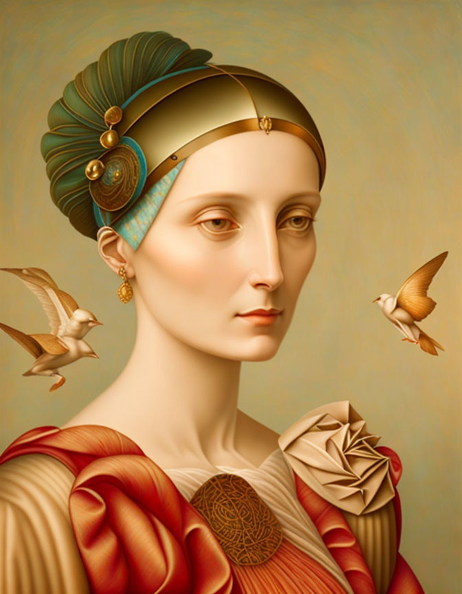 Digital painting of woman in classical attire with headband and bird-patterned accent, accompanied by flying birds