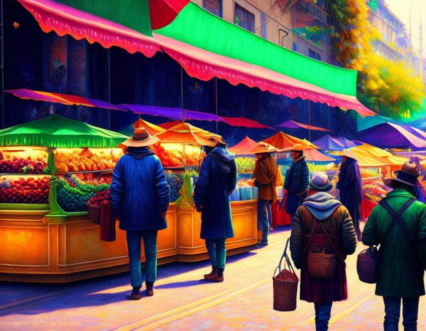 Colorful winter fruit market with shoppers and stalls