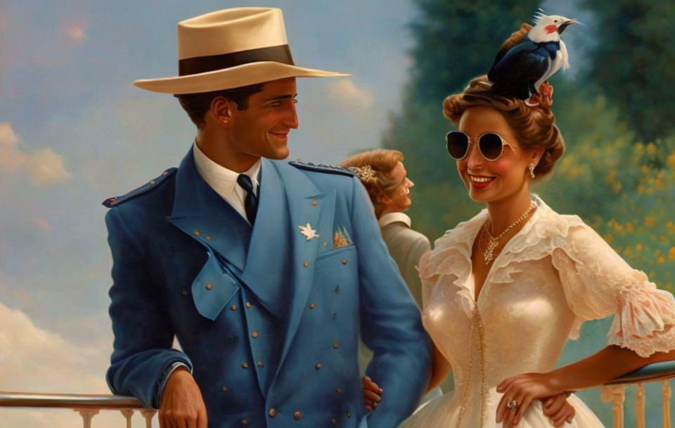 Vintage-style painting of a smiling couple in light blue uniform and white dress with sunglasses and bird.