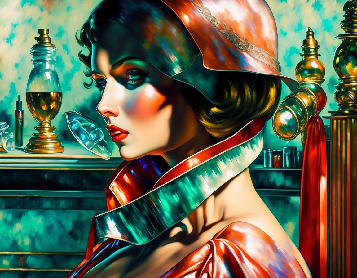 Colorful digital artwork featuring a stylized woman with red hat and blue scarf