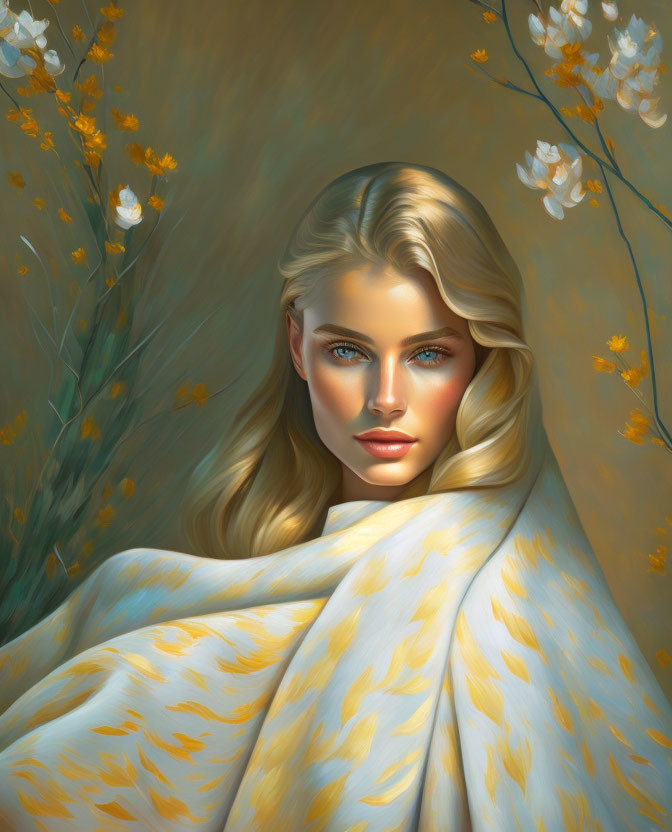 Digital art portrait: Woman with long blonde hair and blue eyes in yellow floral shawl, surrounded by