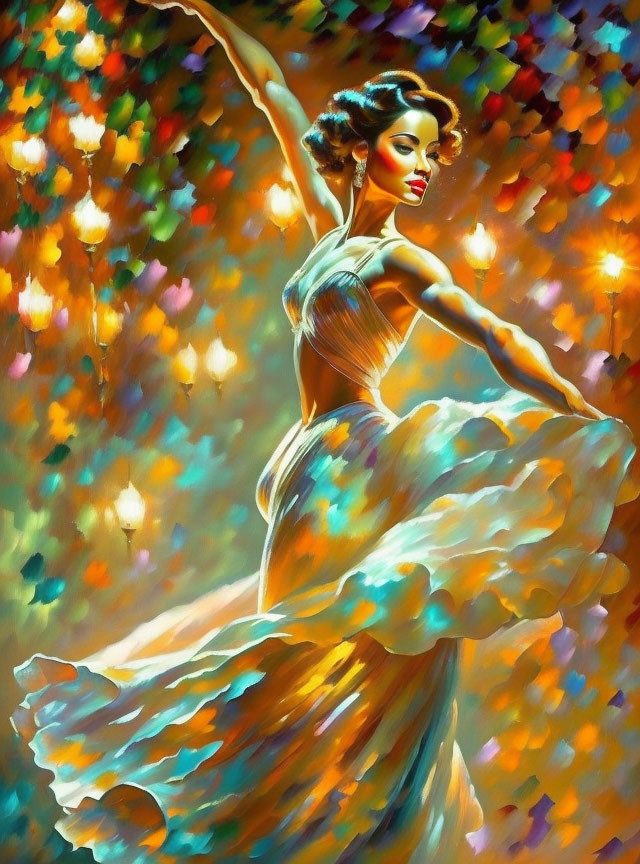 Colorful artwork: Woman dancing in flowing dress amid vibrant lights