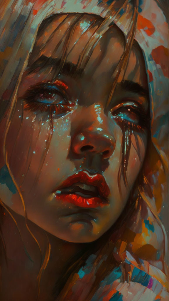 Tearful woman portrait with shimmering tears and warm brushstrokes