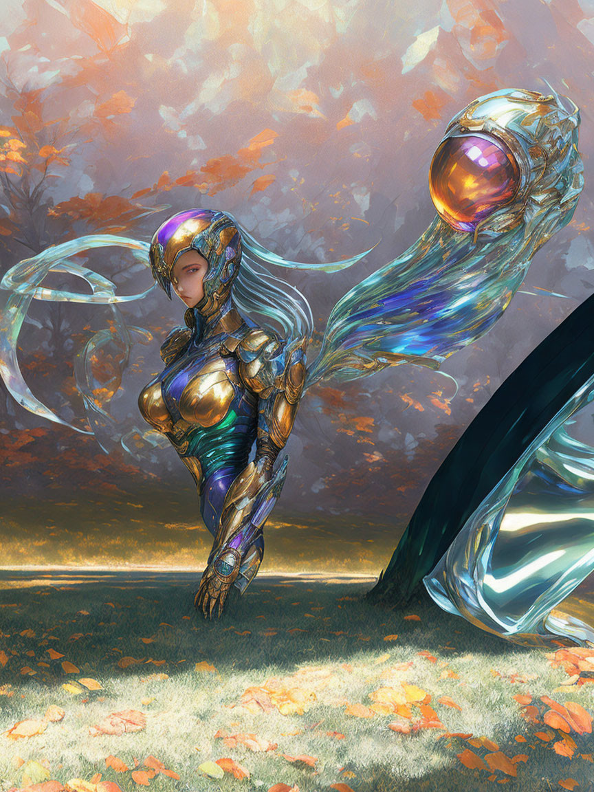 Futuristic warrior in metallic armor beside reflective orb and autumn leaves