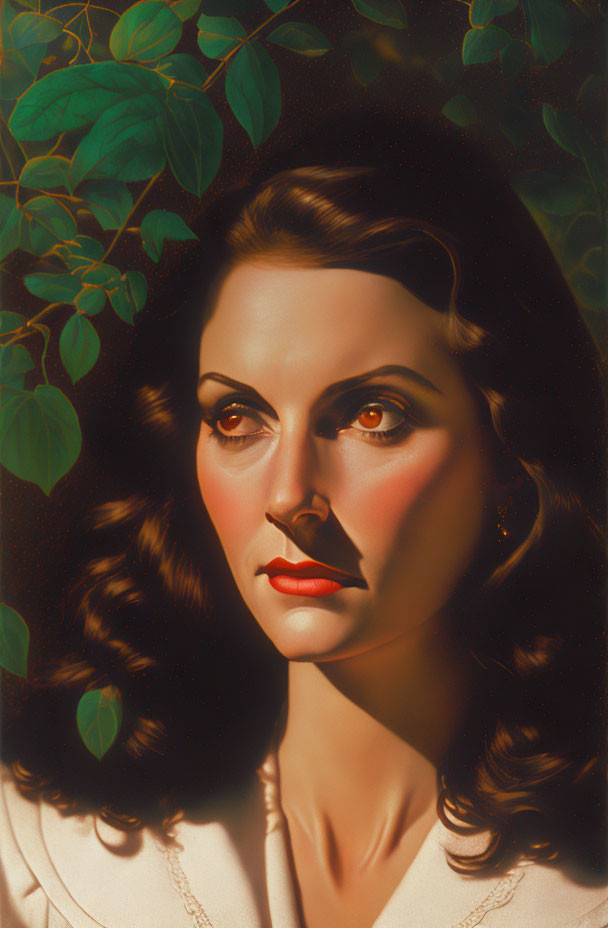 Portrait of a Woman with Dark Hair and Striking Features Amid Green Leaves