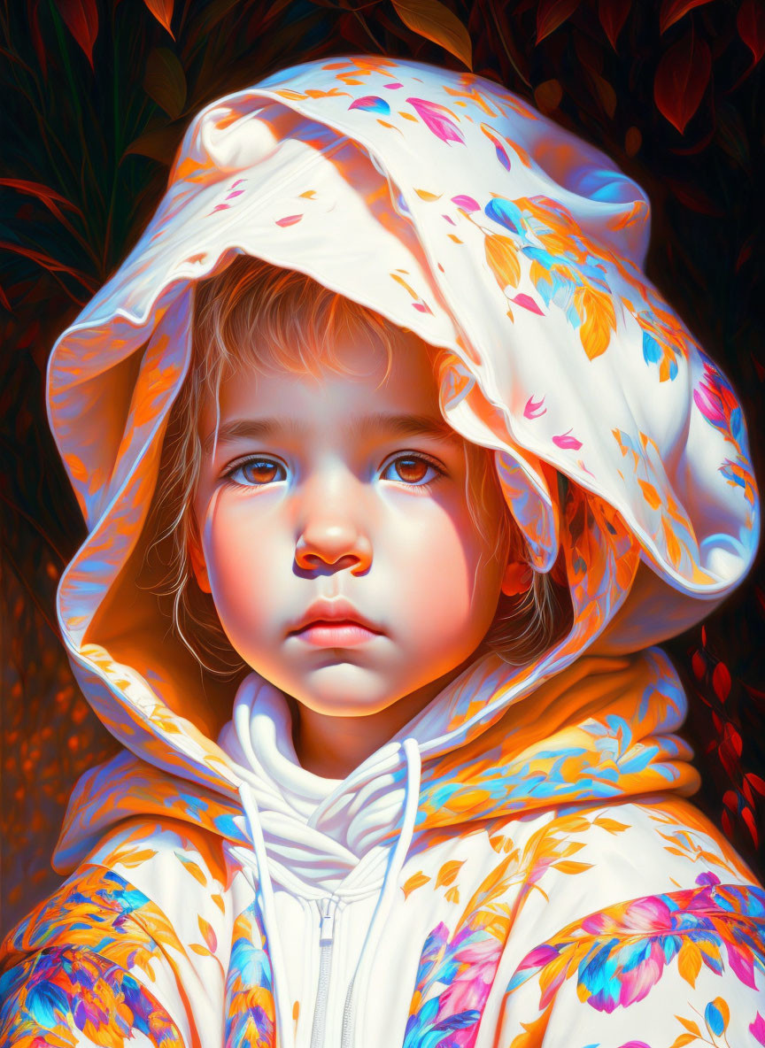 Contemplative child in floral hooded jacket on dark background