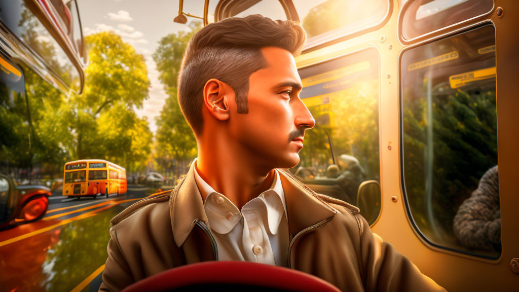 Man riding vintage bus at sunset with warm light.