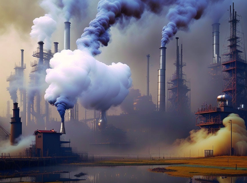 Industrial landscape with multiple smokestacks emitting smoke over hazy sky and water.