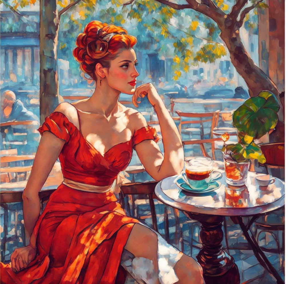 Woman in Red Dress Contemplating at Cafe Table