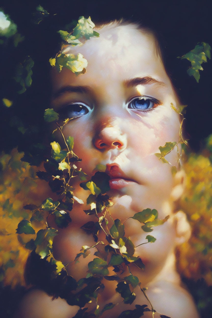 Child Peering Through Ivy Leaves in Sunlight