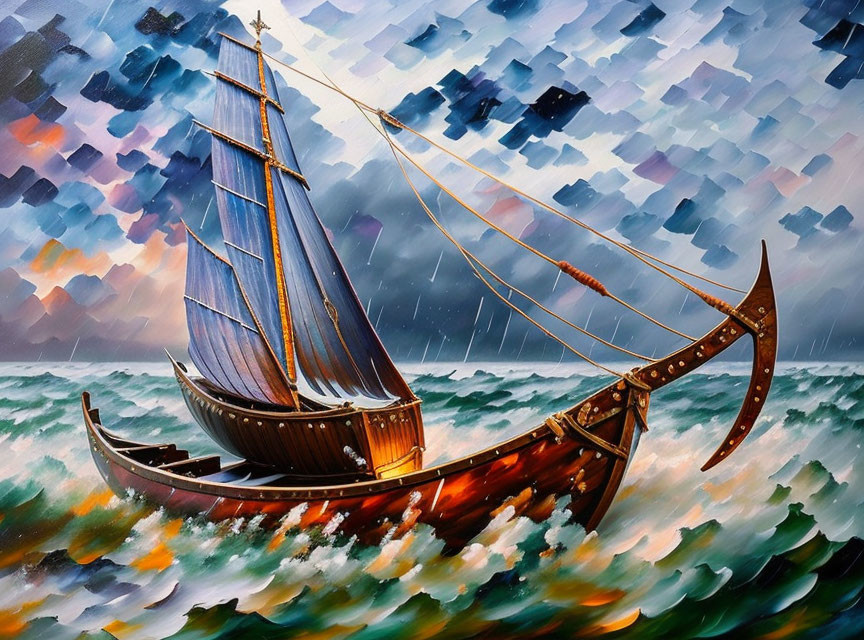 Stormy seas painting: Wooden sailboat in dynamic brushstrokes