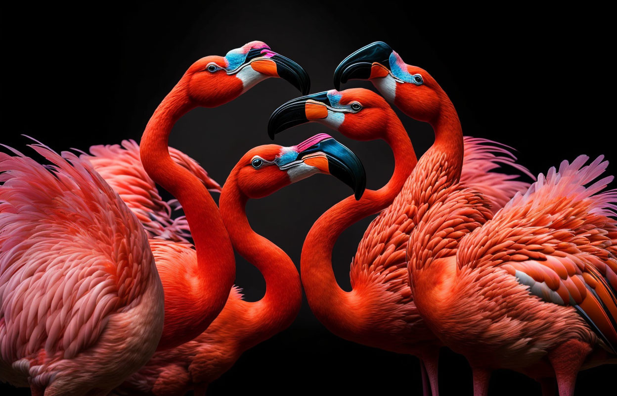 Five red flamingos with intertwined necks on dark background