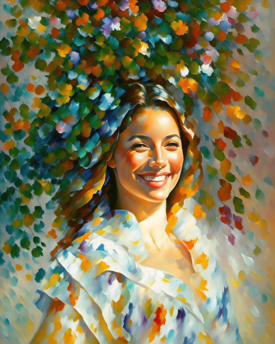 Impressionist-style painting of woman with beaming smile amid colorful flowers