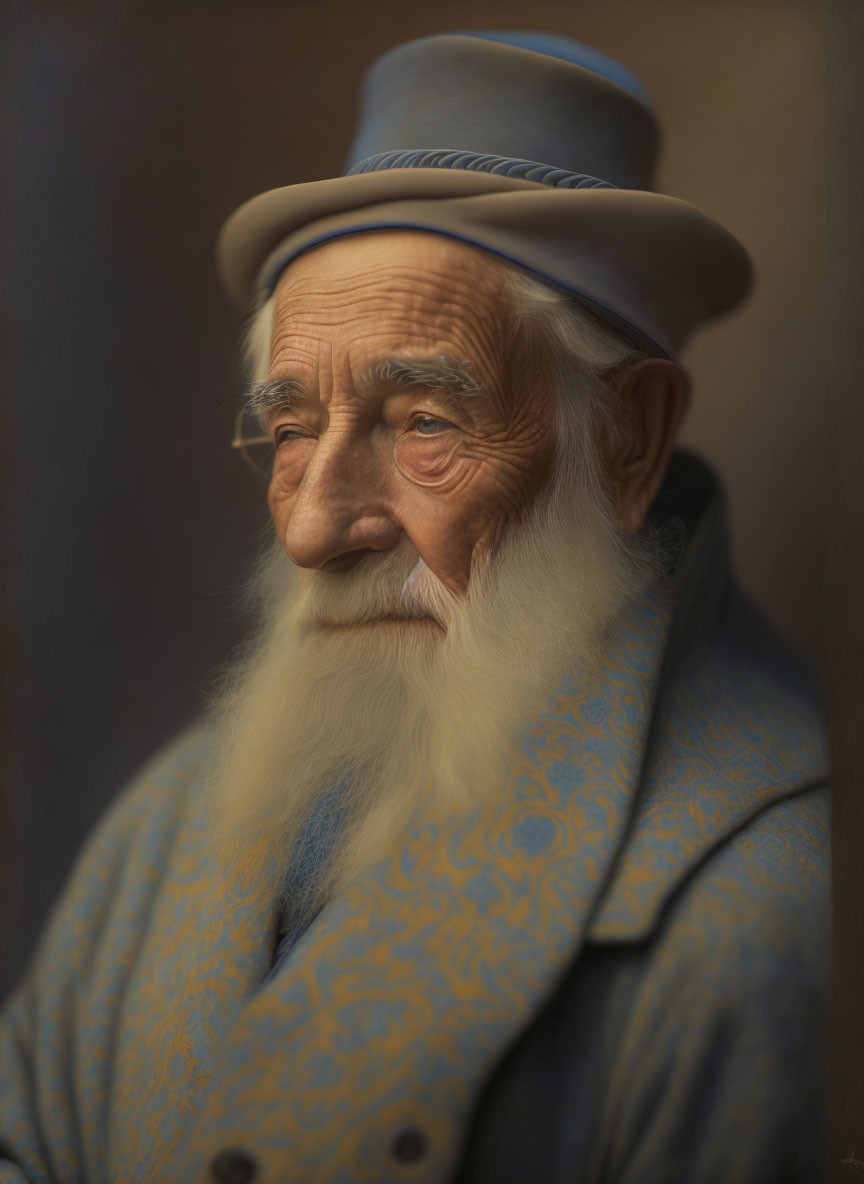 An old man with a blue and gray hat.