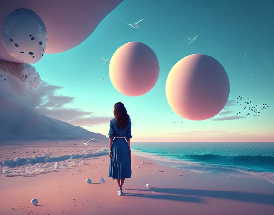 Woman on surreal beach at dusk with floating orbs, birds, and strange sky formations