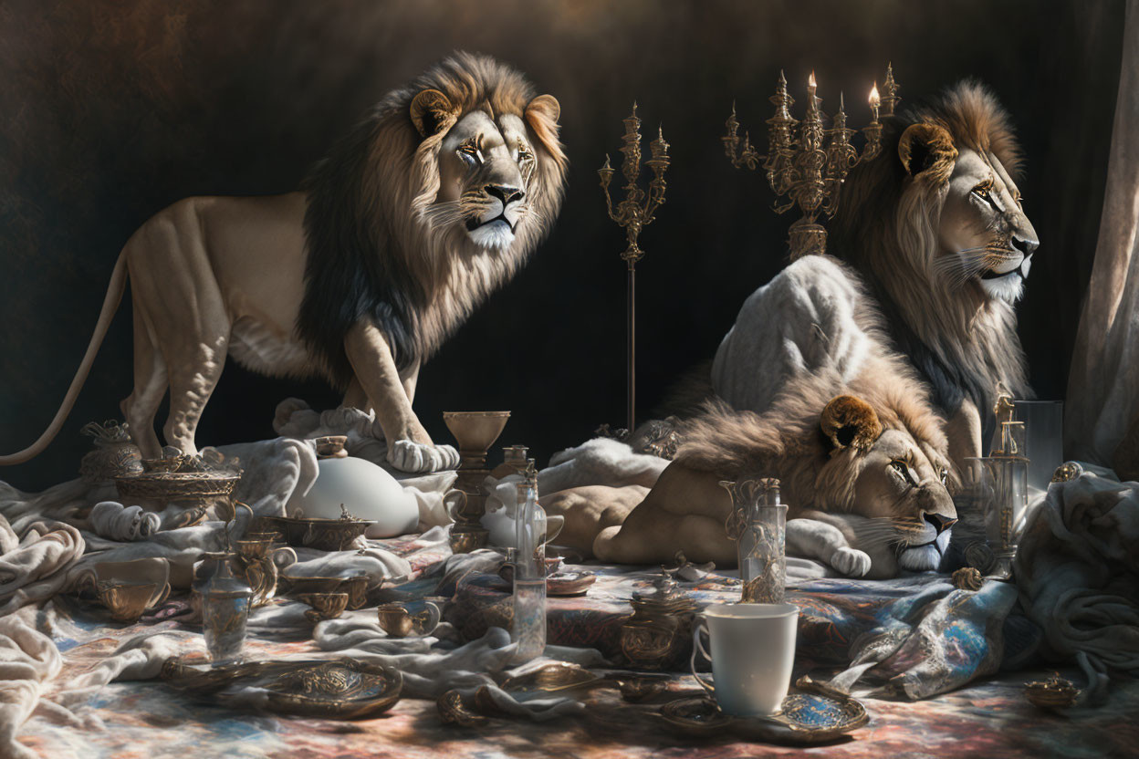 Luxurious scene featuring three regal lions amidst opulent items