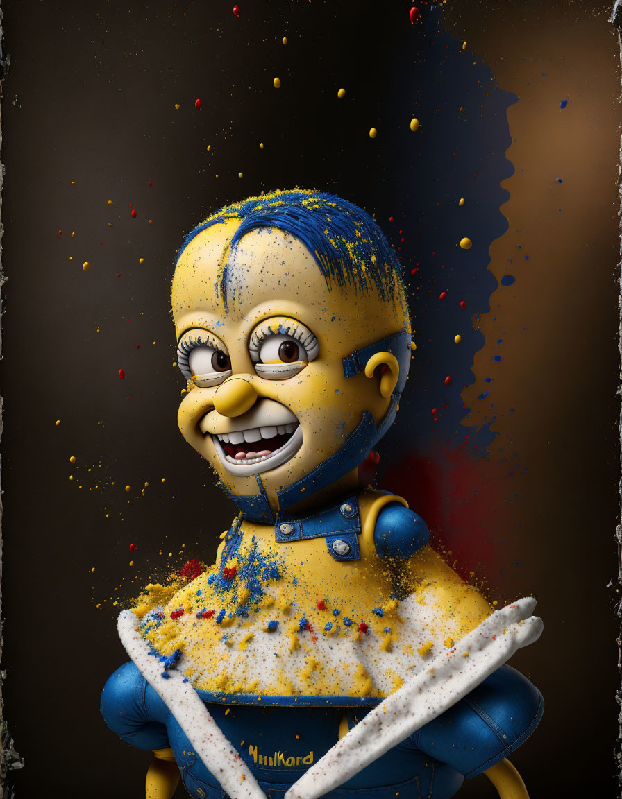 Colorful splattered animated character in yellow skin and blue hair on dark background