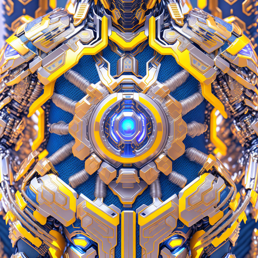 Blue and Gold Armored Suit with Glowing Core