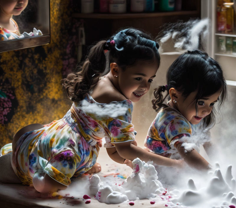 Two girls playing with shaving cream near window in colorful outfits.