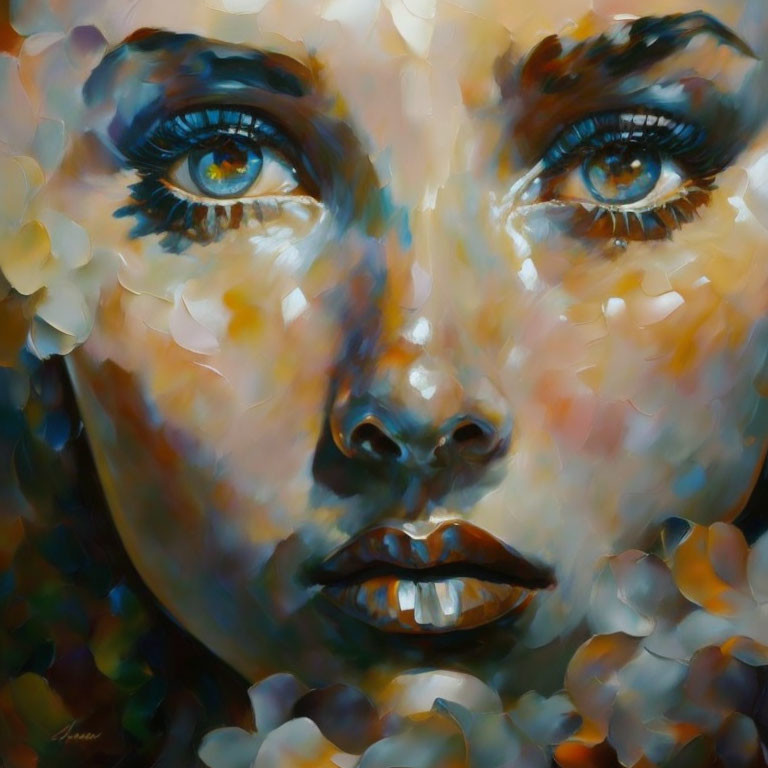 Vibrant portrait of a woman with striking blue eyes and abstract brushstroke details