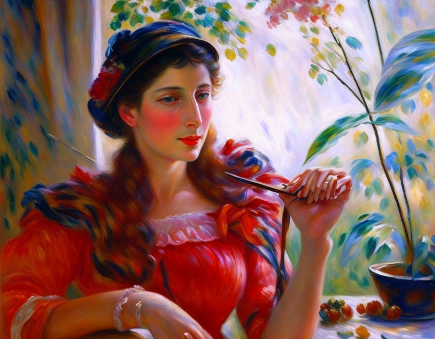 Pensive woman in red dress with pen, plant, and flowers.