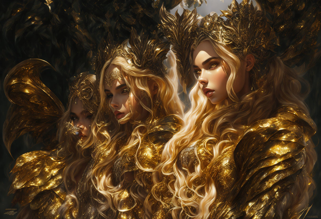 Ethereal women in golden armor against nature backdrop