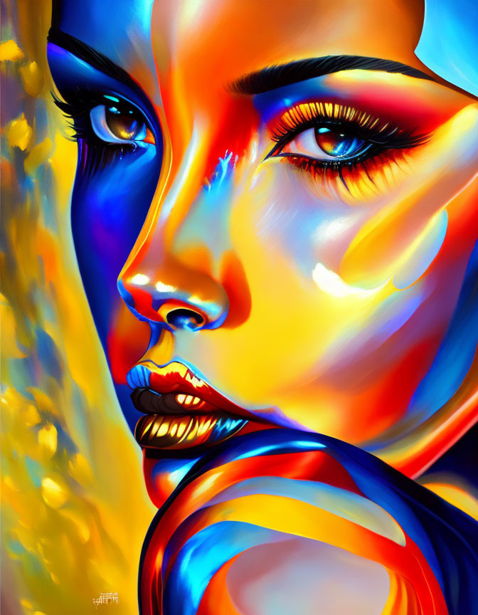 Vibrant portrait of stylized woman with intense eyes in blue, yellow, and red tones