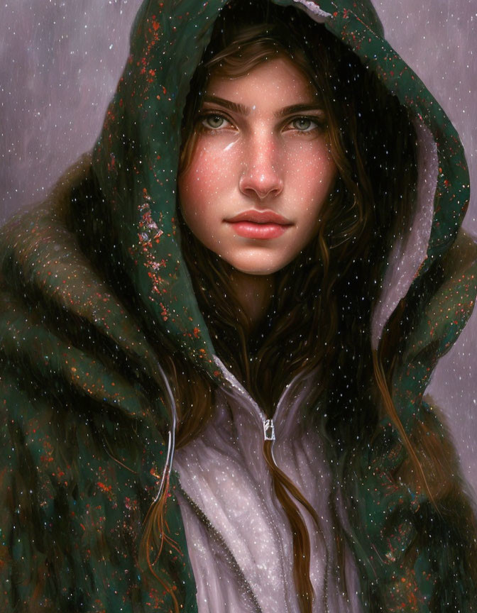 Digital painting of woman with green eyes in hooded coat amidst falling snowflakes