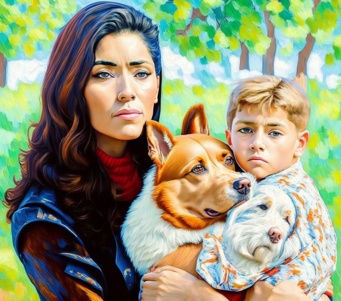 Woman and boy with dog under vibrant trees.