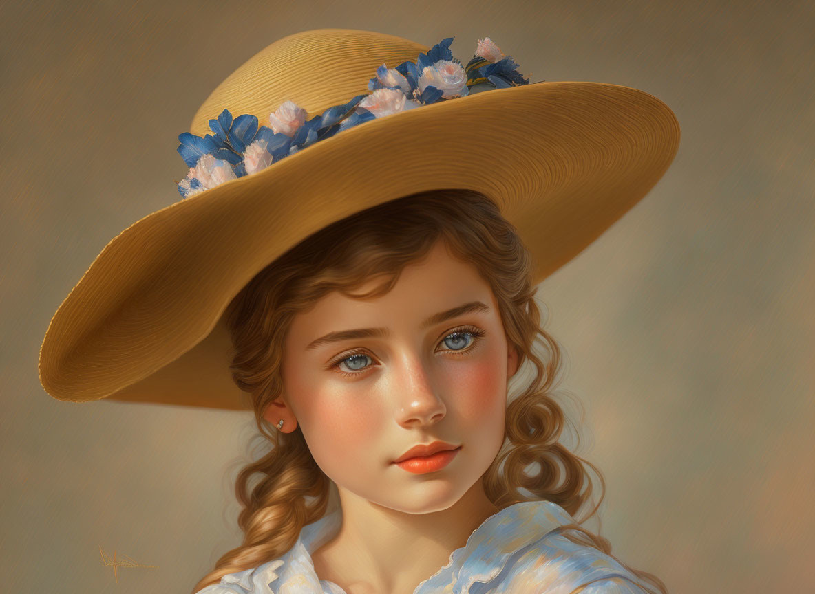 Digital painting of young girl with blue eyes and wavy hair wearing wide-brimmed hat with blue