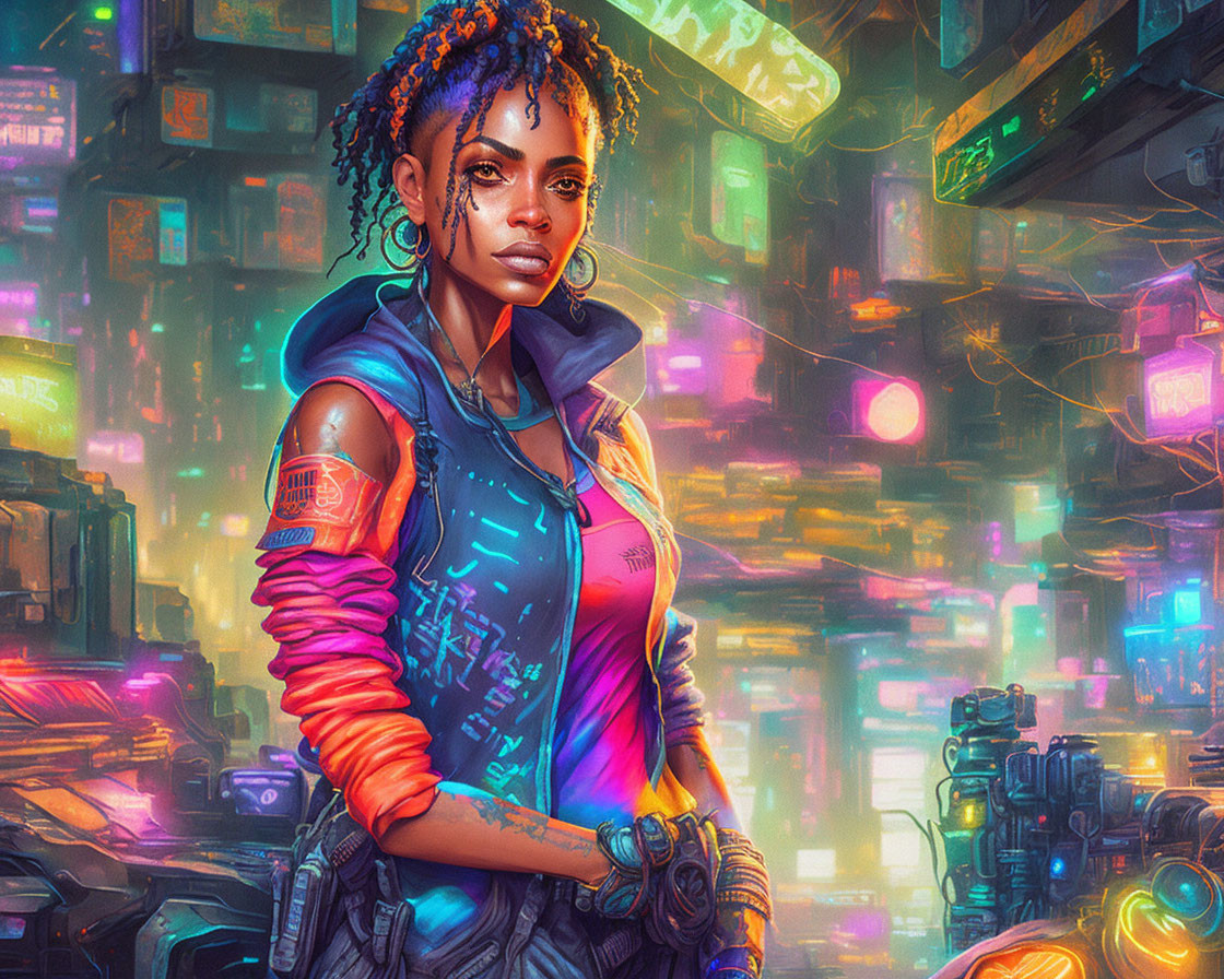 Digital artwork of woman with blue and purple lighting in vibrant futuristic cityscape