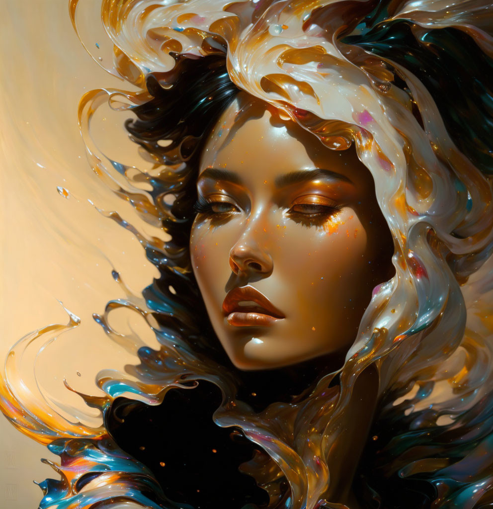 Surreal digital painting: Woman with swirling hair & vibrant skin