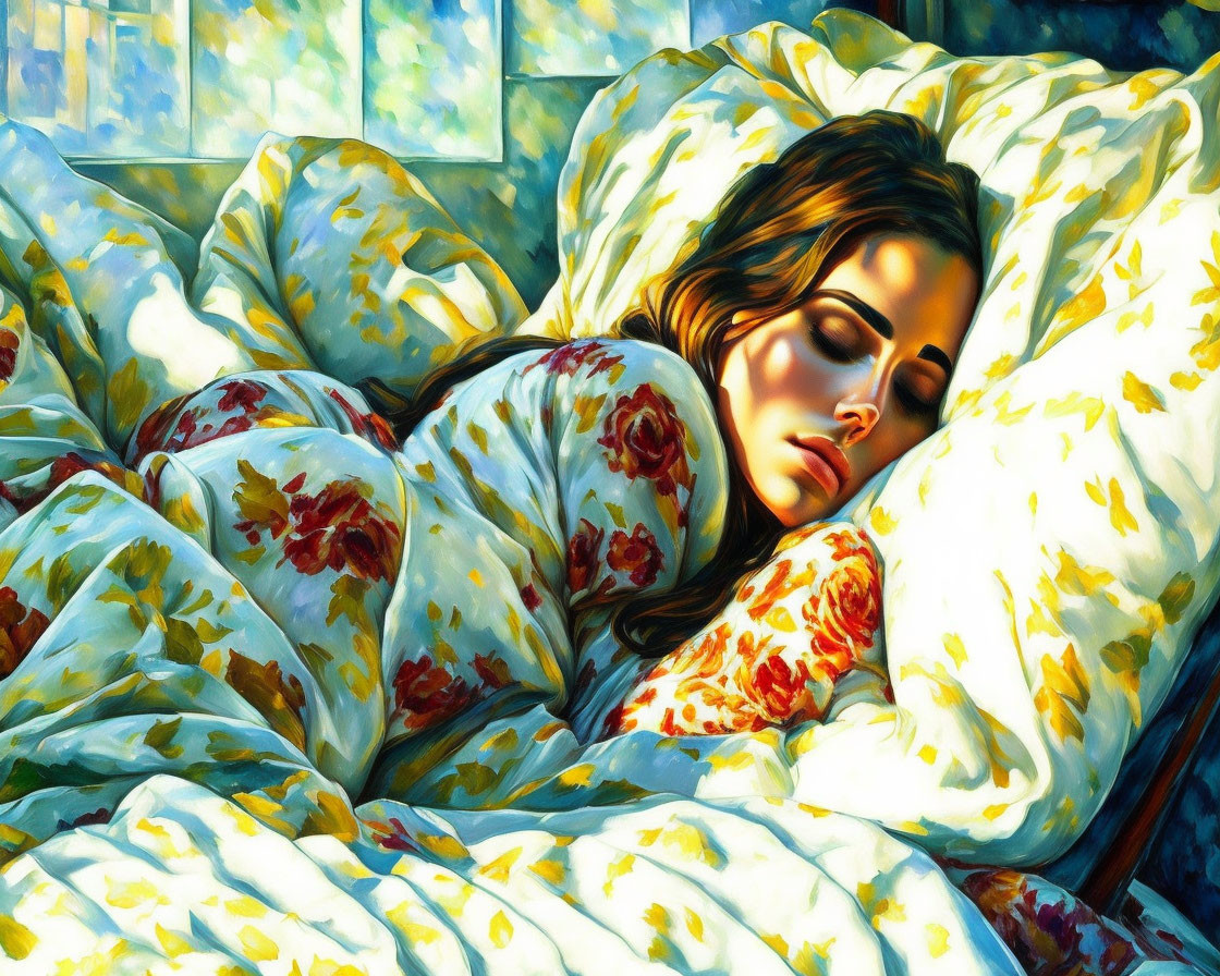 Woman peacefully sleeping under floral blanket with sunlight filtering through window