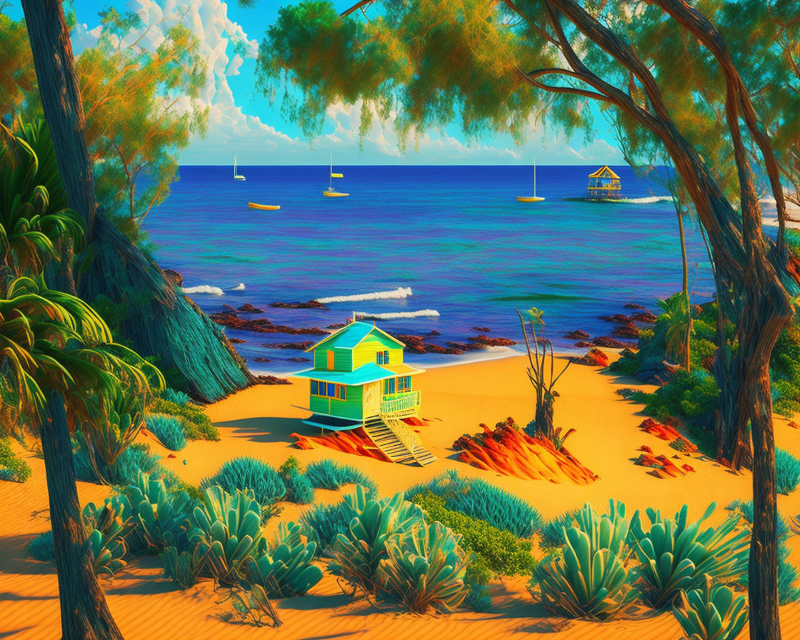 Serene beach scene with turquoise lifeguard hut, sailboats, and lush greenery