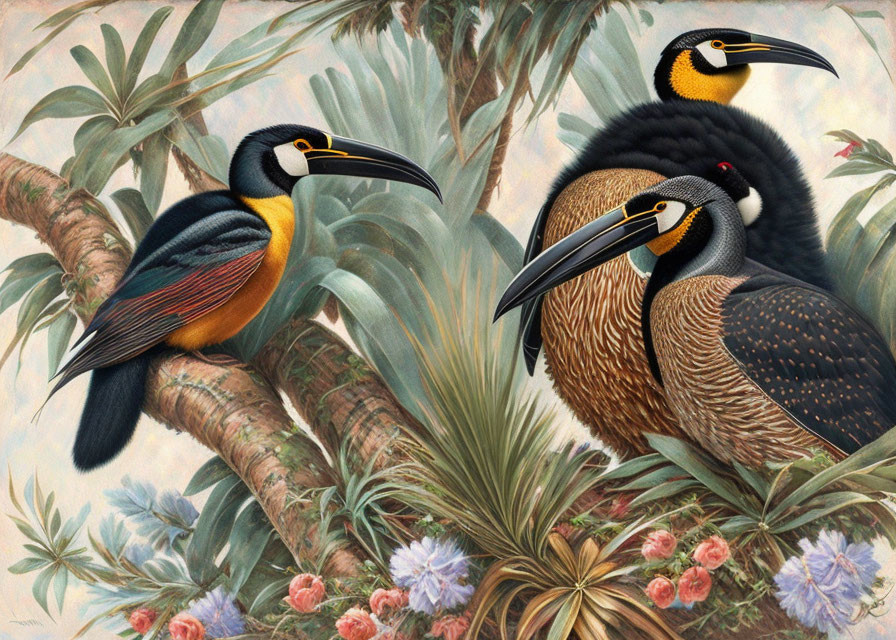 Vivid tropical scene: Colorful toucans on lush foliage branch